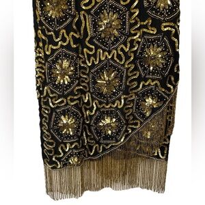 VTG Luxury Silk Beaded Cocktail Dress Gold Fringe Beading Flapper Style XL